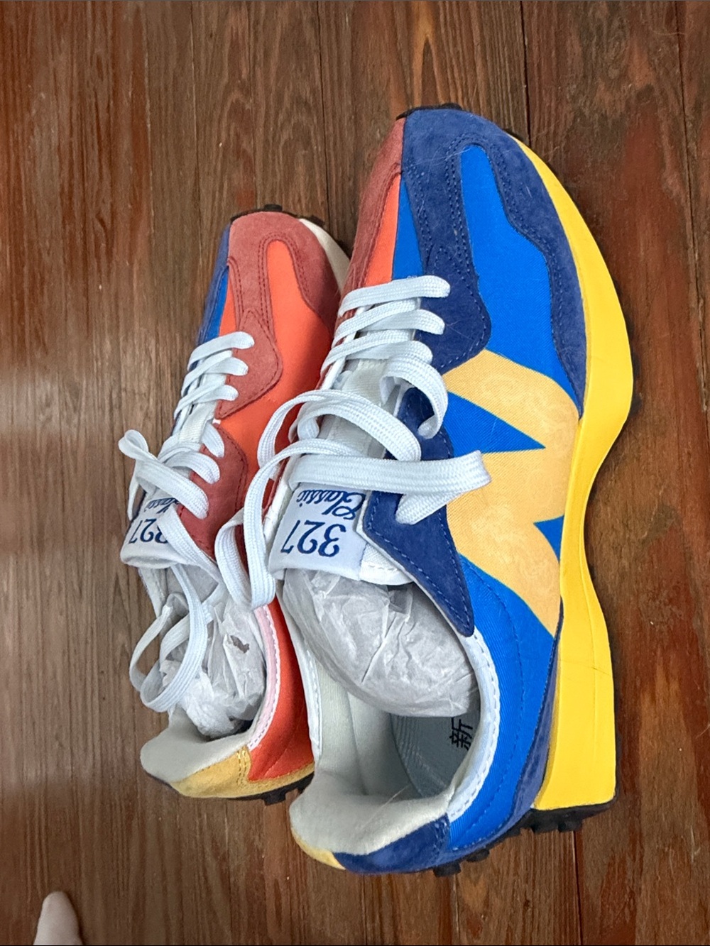New Balance 327 Orange Blue Yellow White Athletic Sneakers - Picture 3 of 4